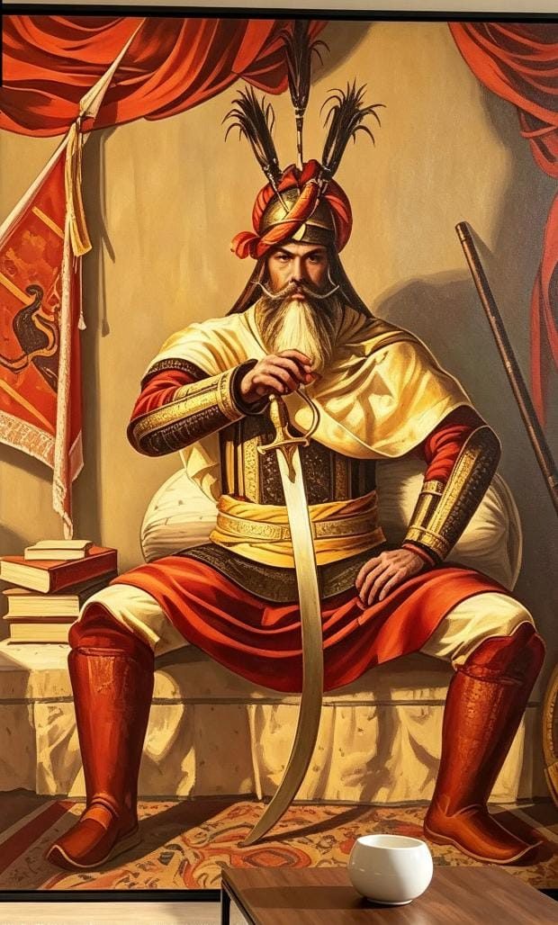 Portrait of a seated Sikh general in a red dastaar with kalgi plumes, a talwar across his knee, red curtain and Nishan Sahib behind him